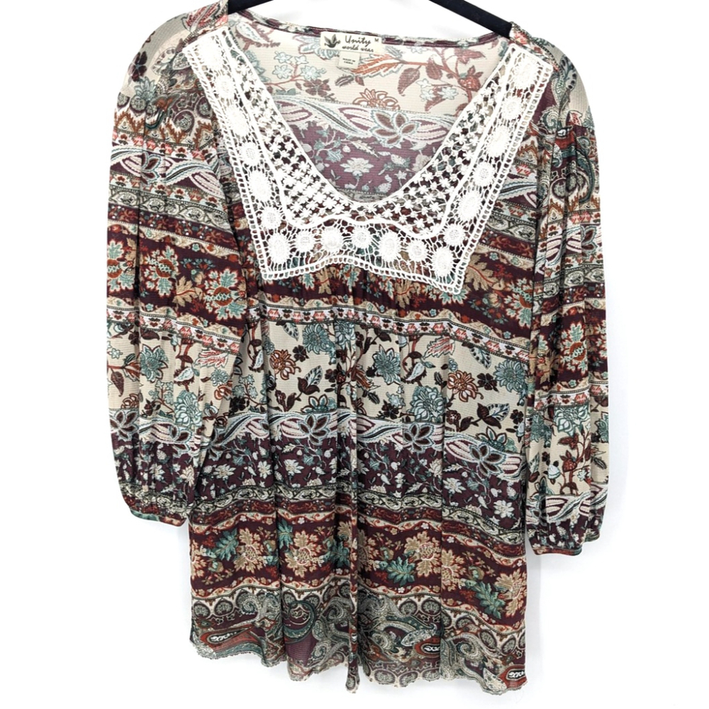 Unity World Wear Blouse Womens Medium Brown Boho Peasant Tunic Crochet Lace Fall